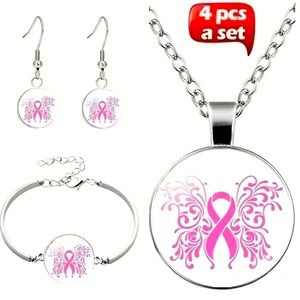 Breast Cancer Awareness 4pc Jewelry Set Pink Butterfly Pattern